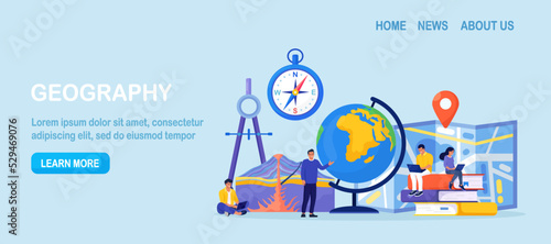 Geography school subject. People research cross section of volcano. Students studying atlas, lands, features, inhabitants of the Earth. Cartography and navigation, geology, environment research