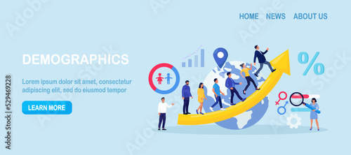 Overpopulation, human crowd density growth on earth. Demographic statistics data for population. Demography and migration. People movement. Social analysis with demographics, culture, ethnicity data
