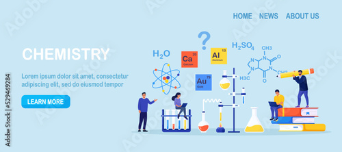 Chemistry pharmacy lab, science equipment. People learning chemical formula, elements. Scientific experiment in laboratory with reagents, test glass flask, chemical substances. Education, innovation