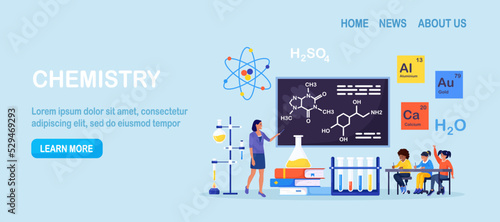 Chemistry school lesson. Pupils learning chemical formula, element. Scientific experiment in laboratory with chemistry flasks, reagents, science equipment. Lab scientific researches, education