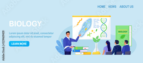 Biology school subject. Students exploring nature and living organism structure. Teacher standing at whiteboard and explaining biological process to children. Academic education