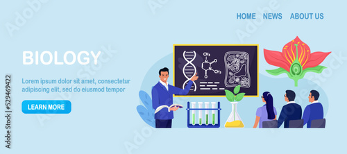 Biology college subject. Students exploring nature and living organism structure. Teacher standing at blackboard and explaining biological process to people. Academic education