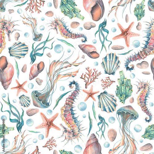Seashells  starfish  seahorses and jellyfish  corals and bubbles. Watercolor illustration on a white background. Seamless pattern. For fabric  textiles  wallpaper  clothing beach  summer accessories