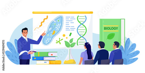 Biology school subject. Students exploring nature and living organism structure. Teacher standing at whiteboard and explaining biological process to children. Academic education
