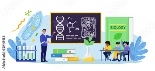 Biology school subject. Students exploring nature and living organism structure. Teacher standing at blackboard and explaining biological process to children. Academic education