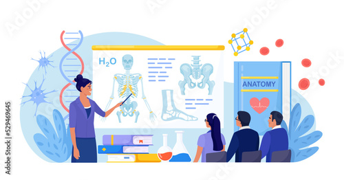 Anatomy school subject. Students studying internal human organ. Teacher pointing at chalkboard, teaching kids. People at desks learn human body nervous, bone, muscle, blood systems. Biology classes
