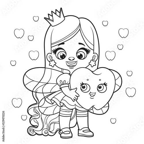 Cute cartoon long haired girl tooth fairy with big tooth outlined for coloring page on white background