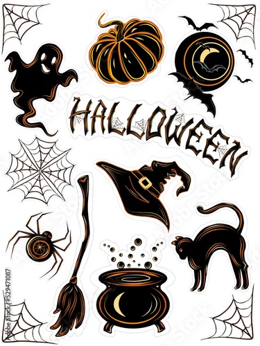 Halloween set.  Ghost and spider with webs. Black bat on moon. Witchs broomstick and couldron, Clip art digital illustrations for decorate halloween party, card, sticker, print photo