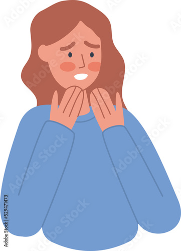 Ashamed person with a blush on the face, embarrassed, awkward. Hands cover the mouth, guilty feeling, shy worried, clumsy face. Human negative emotion concept. Vector illustration isolated