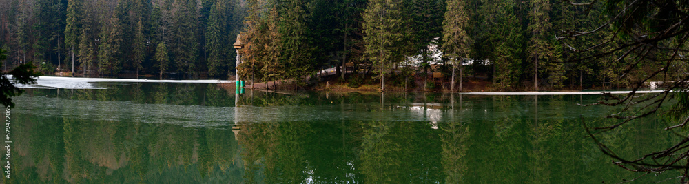 Panorama of Lake Synevyr, a picturesque mountain lake, a lake in the mountains.