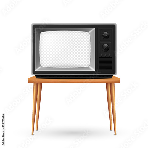 Vector 3d Realistic Retro TV Receiver on a Wooden Table Stand Closeup Isolated on White. Vintage TV Set with Transparent Screen. Television, Front View