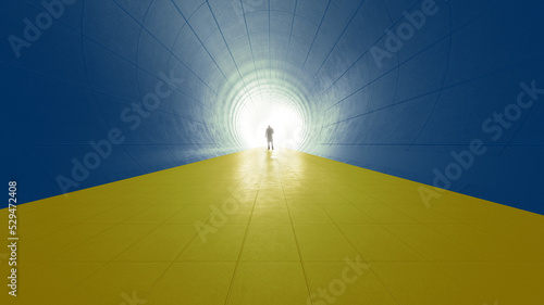 Concept or conceptual blue and yellow tunnel, the Ukrainian flag colors, with a bright light at the end as metaphor to hope and faith. A 3d illustration of a black silhouette of walking man to freedom