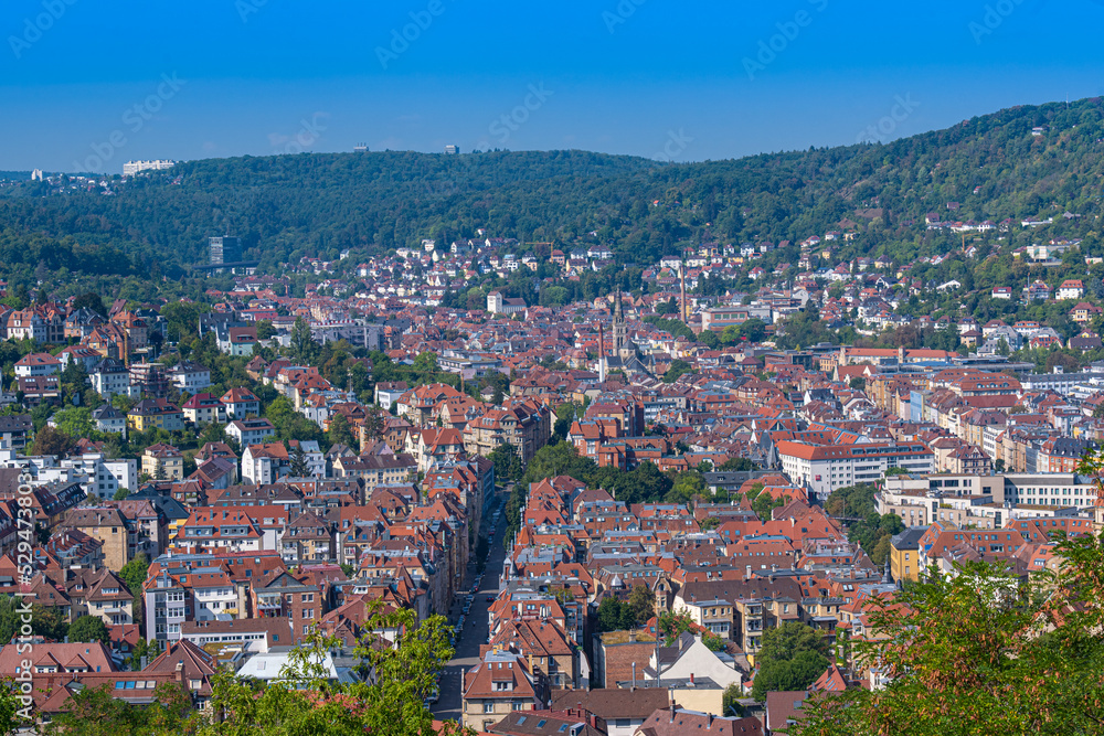 View of downtown Stuttgart (Protestant Matthew‘s Church Stuttgart-South (Heslach)) from the tea house in Weißenbergpark. Baden-Württemberg, Germany, Europe