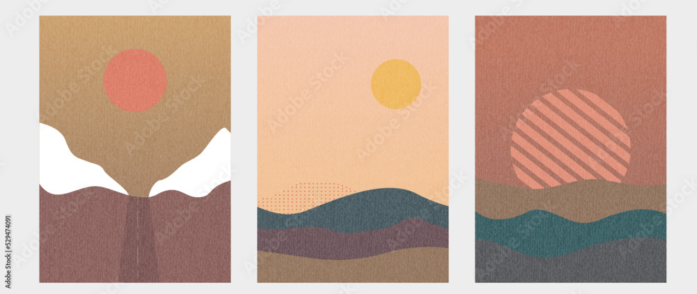 Vector flat illustration. A collection of abstract landscapes. The picture shows mountains, waves and the sun. Ideal as decorative pictures for social networks, posters, banners.