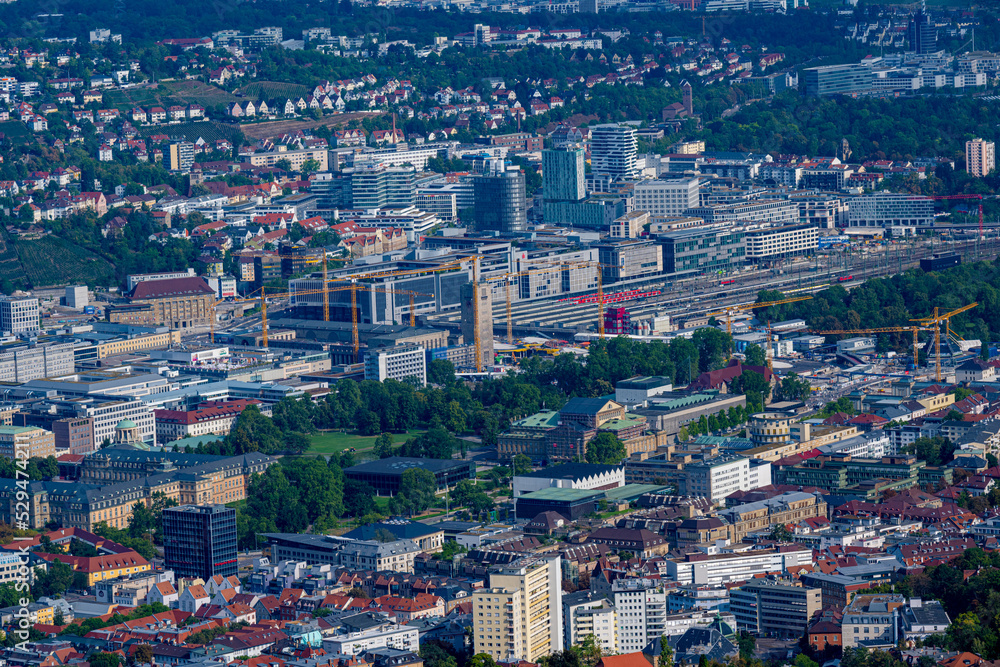 View of downtown Stuttgart (Train station, new castle)  from the TV Tower platform. Baden-Württemberg, Germany, Europe