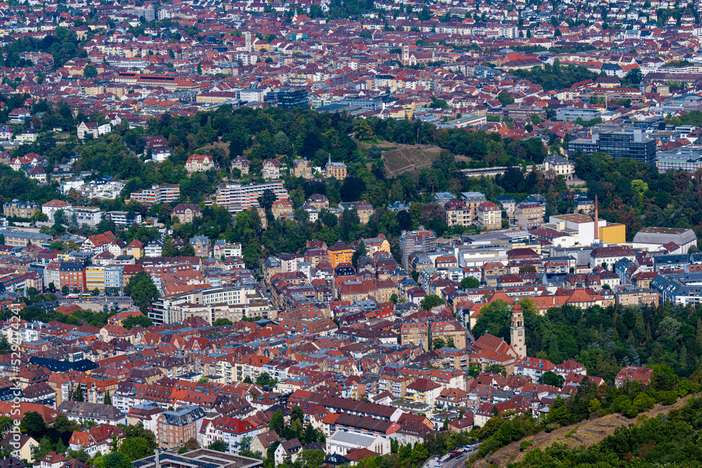 View of downtown Stuttgart (View over Heslach to Karlshöhe, behind it Stuttgart-West) from the TV Tower platform. Baden-Württemberg, Germany, Europe