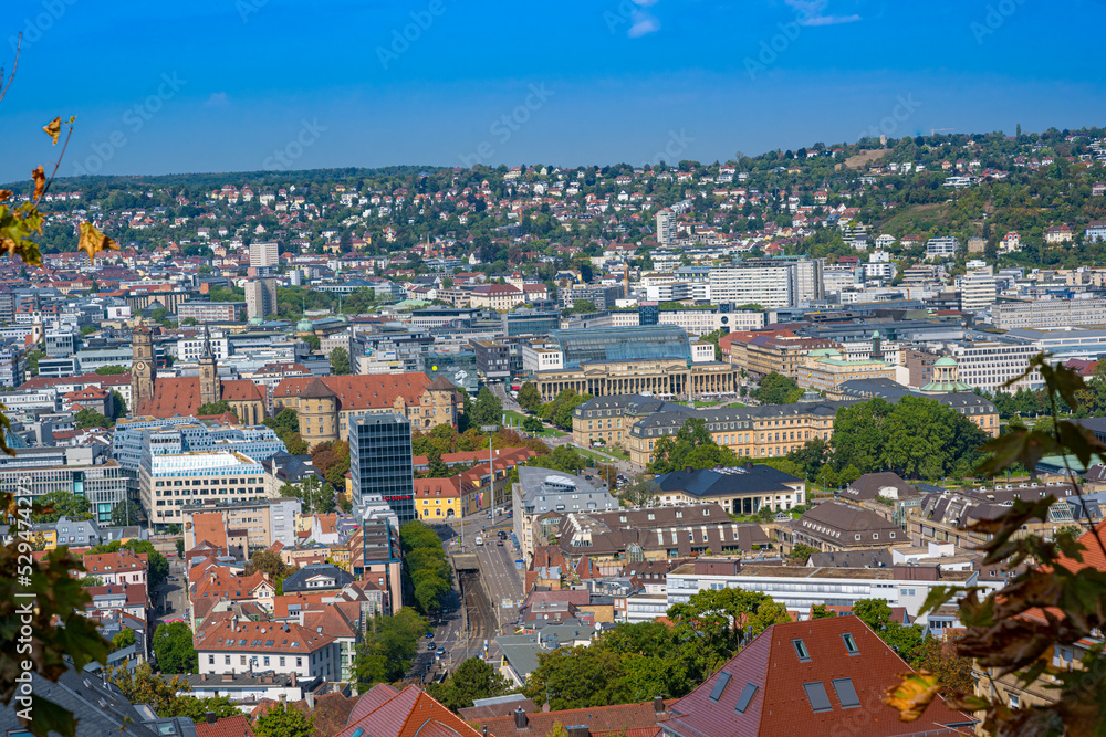 View of downtown Stuttgart (collegiate church, old castle, new castle) from the Bopser mountain. Baden-Württemberg, Germany, Europe
