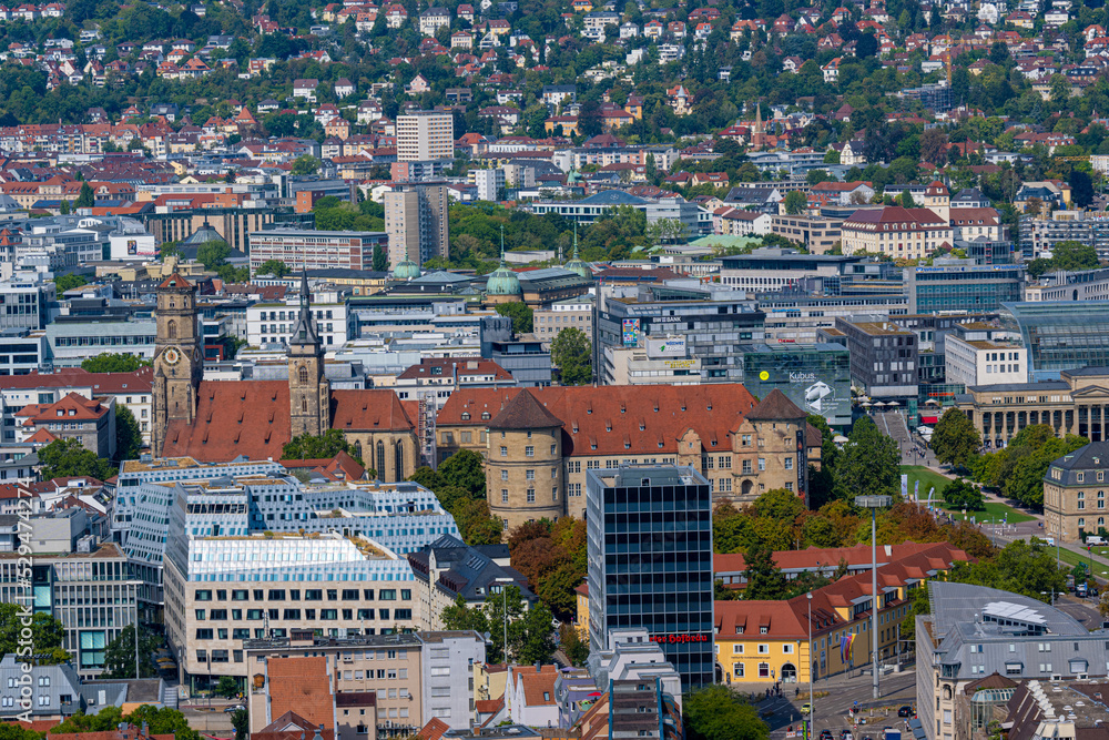 View of downtown Stuttgart (collegiate church, old castle) from the Bopser mountain. Baden-Württemberg, Germany, Europe