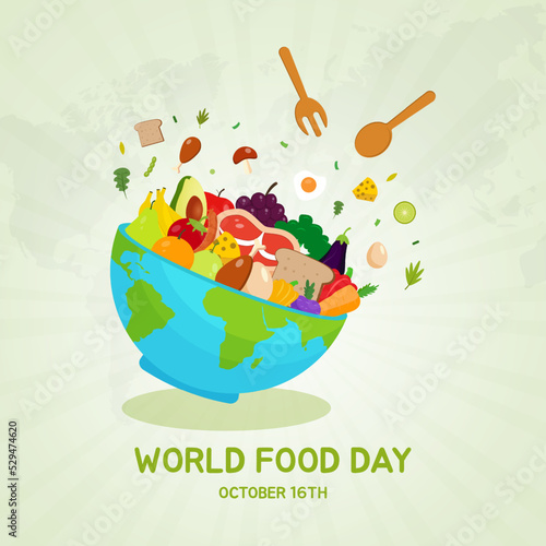 World Food Day October 16th with maps bowl spoon fork meals fruits and vegetables illustration on isolated background