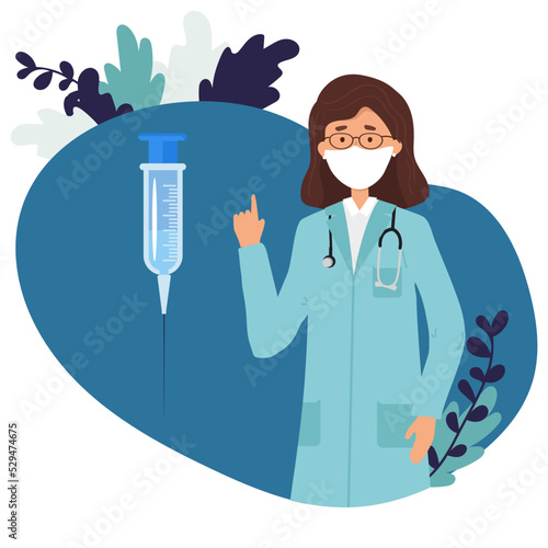Doctor with big syringe and vaccine prevents spread of terrible coronavirus. Vaccination. Concept medicine protects people from flu. Medicine protects population from COVID-19 Virus pathogens