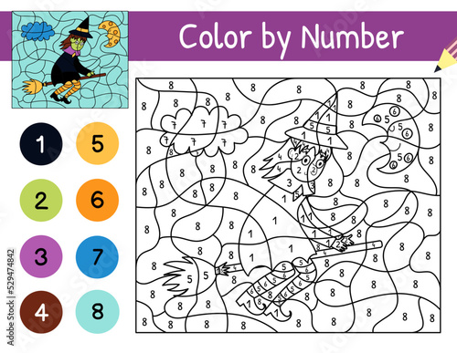 Cute witch flying on the broom color by number game for kids. Coloring page with cute Halloween character. Printable worksheet with solution for school and preschool. Vector illustration