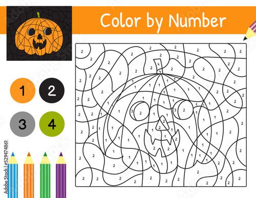Halloween pumpkin color by number game for kids. Coloring page with cute Halloween character. Printable worksheet with solution for school and preschool. Learning numbers activity. Vector illustration