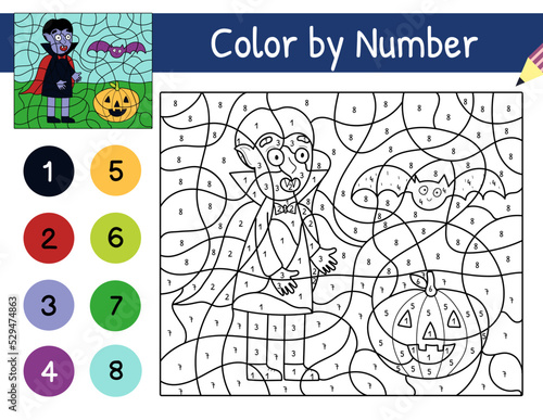 Cute vampire  pumpkin and bat color by number game for kids. Coloring page with cute Halloween characters. Printable worksheet with solution for school and preschool. Vector illustration