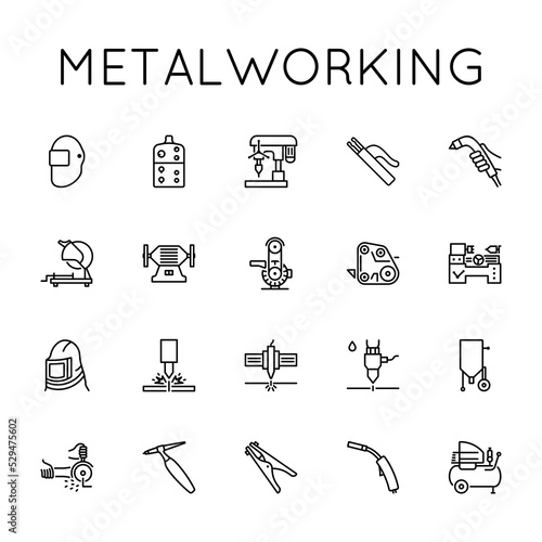 Metalworking Icon Set. Welding, Sharpening, Grinding, Drilling, Cutting, Sandblasting, Grooving, Cleaning, Plasma, Laser, Grinder, Hydro, Compressor, Gas, Machine Tool, Turning Works.
