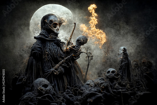 Grim reaper with haunted  creepy graveyard.Digital art