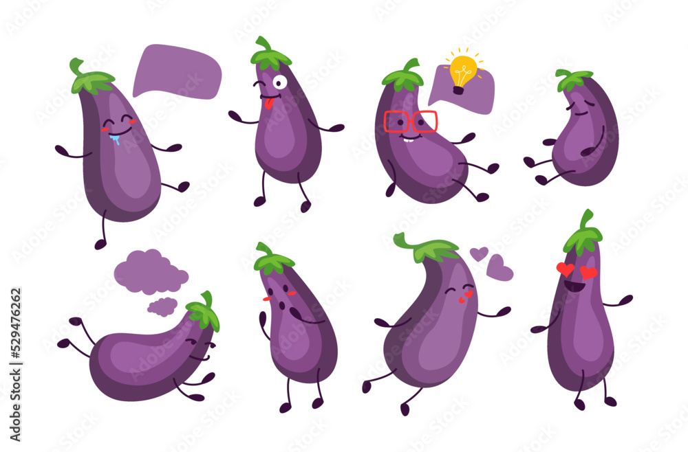 Eggplant funny character smileys set vector flat illustration. Cute childish purple vegetable emoji Eggplant funny character smileys set vector flat illustration. Cute childish purple vegetable emoji