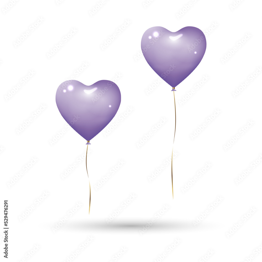 Heart balloons in pastel purple solid colour with gold ribbons. Isolated on white background with shadow, mockup template object. Realistic 3D vector illustration.
