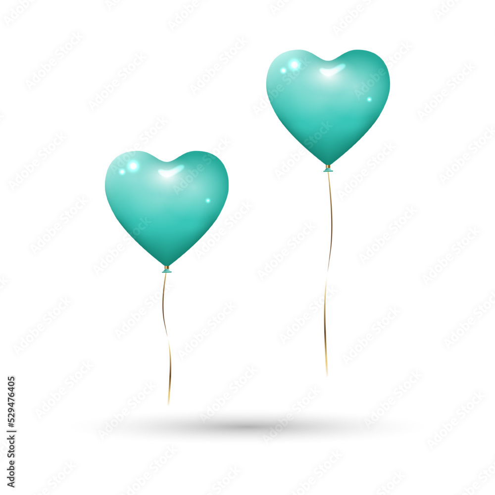 Heart balloons in pastel blue mint solid colour with gold ribbons. Isolated on white background with shadow, mockup template object. Realistic 3D vector illustration.