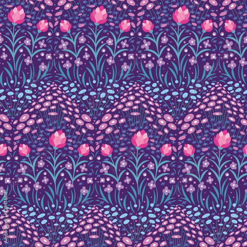 Seamless pattern with pink lilac and blue flowers. Print for textile design.