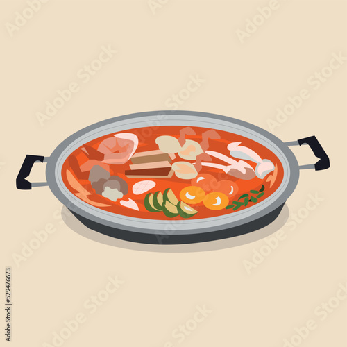 Thai food vector illustration. Tom yum mixed seafood with vegetables, squid, shrimp, pork, egg in a pot on brown background.