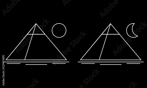 Set egypt ancient pyramid of giza are egyptian pharaoh tomb with sun and moon on black background outline vector black icon design.