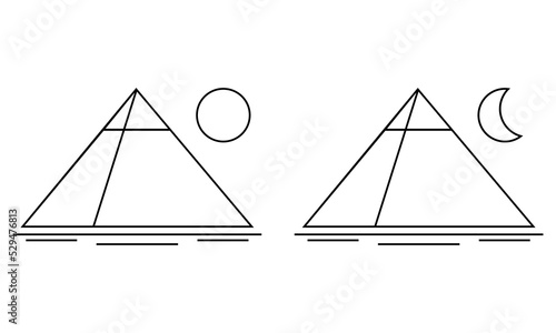Set egypt ancient pyramid of giza are egyptian pharaoh tomb with sun and moon on white background outline vector black icon design.