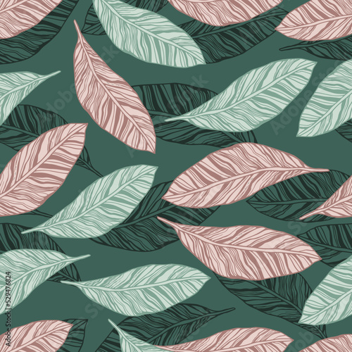 Seamless vintage pattern with green and brown leaves on a dark background.