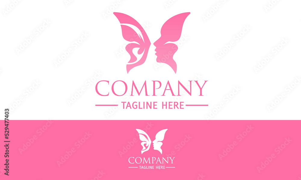 Pink Color Abstract beautiful butterfly logo design idea with women portrait silhouettes