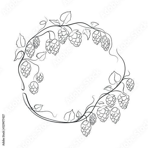 Hops round frame wreath branches with leaves, cones black and white Line drawing vector illustration sketch.Beer hops.hop ordinary branch.Design emblems,label,icon and more