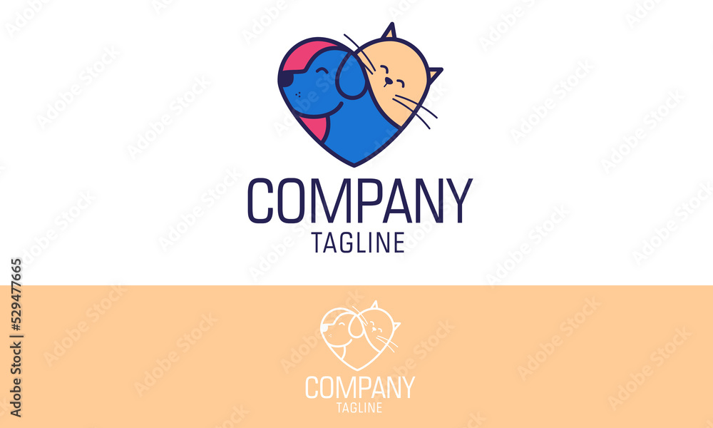 Colorful Love cat and Dog Cartoon Logo Design Colorful Love cat and Dog Cartoon Logo Design