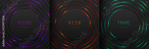 Set of radial circle black pattern on glowing red, blue, green neon abstract background in technology style. Modern futuristic geometric round shape design. You can use for cover template, poster.