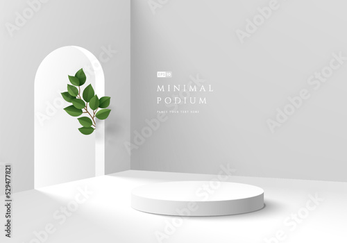 Abstract 3D background, Realistic white and gray cylinder pedestal podium with arch door and green leaves. Minimal wall scene for mockup product display. Vector geometric forms. Round stage showcase.
