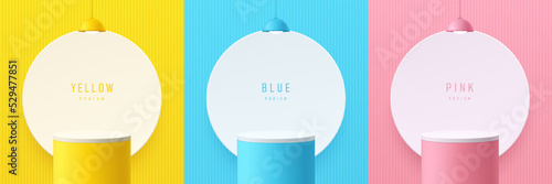 Set of yellow, blue, pink cylinder stand podium with white round circle scene background and hanging lamp. Vector render geometric form. Mockup product display. Abstract minimal scene. Stage showcase.