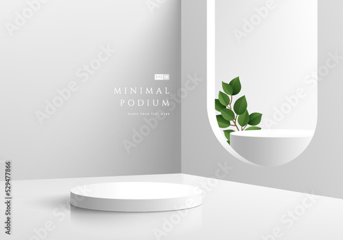 Fototapeta Naklejka Na Ścianę i Meble -  Abstract 3D background, Realistic white and gray cylinder pedestal podium in arch window and green leaf. Minimal wall scene for mockup product display. Vector geometric forms. Round stage showcase.