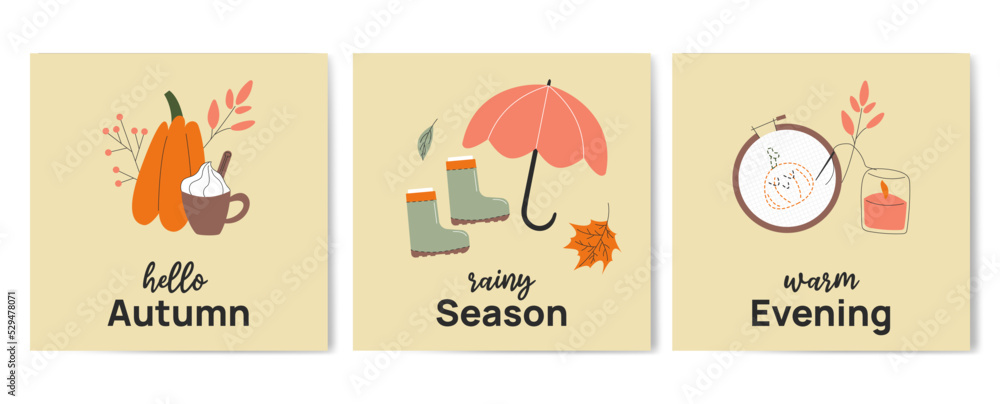 Autumn mood greeting hand drawn card poster template. Welcome fall season thanksgiving invitation. Minimalist postcard with pumpkin, umbrella, needlework. Vector illustration in flat style.