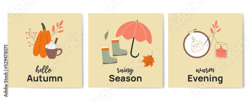 Autumn mood greeting hand drawn card poster template. Welcome fall season thanksgiving invitation. Minimalist postcard with pumpkin, umbrella, needlework. Vector illustration in flat style.