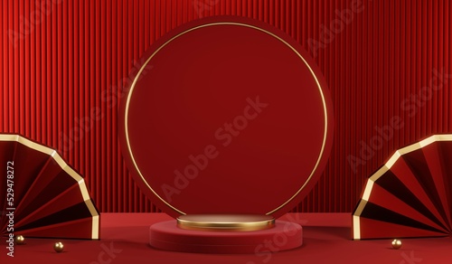 3D rendering of blank product background for cream cosmetics Modern red podium background