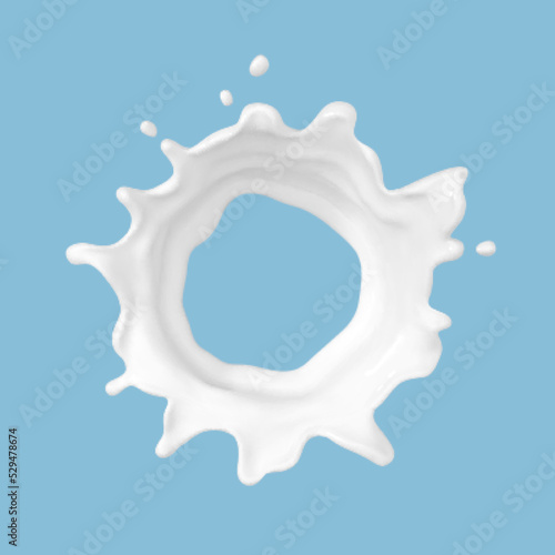 Milk splash isolated on blue background. Natural dairy product, yogurt or cream splash with flying drops. Realistic Vector illustration
