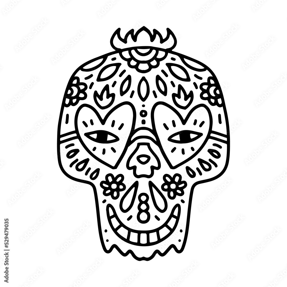 The smiling Sugar Skull mandala line art, outline, and coloring page illustration. Day of the Dead symbol, Spiritual skull with the flowers decoration, fire, heart eyeglasses, leaves. The smiling Sugar Skull mandala line art, outline, and coloring page illustration. Day of the Dead symbol, Spiritual skull with the flowers decoration, fire, heart eyeglasses, leaves.