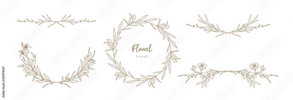 Hand drawn floral frame and dividers with flowers and leaves.Elegant logo template.Vector illustration vintage decorative elements for label,branding business identity,wedding invitation,greeting card Hand drawn floral frame and dividers with flowers and leaves.Elegant logo template.Vector illustration vintage decorative elements for label,branding business identity,wedding invitation,greeting card